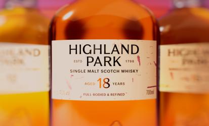 Close up of Highland Park 18 Year Old label in new packaging 