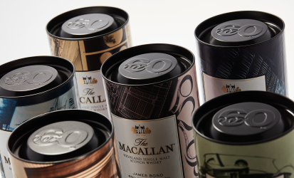 Six canisters for bottles of The Macallan single malt whisky Bond Collection