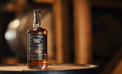 Bottle of Wyoming Whiskey 10 year old Anniversary Edition on a wooden shelf