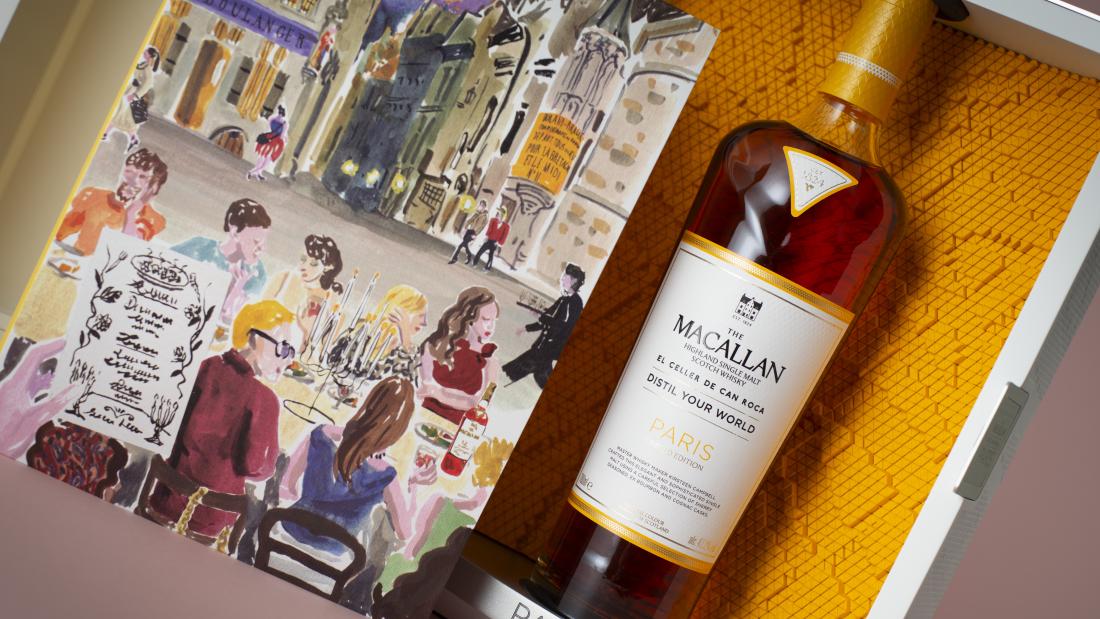 Close up of bottle shot of The Macallan Distil Your World Paris bottle with artwork of Paris on the left hand side of the pack 