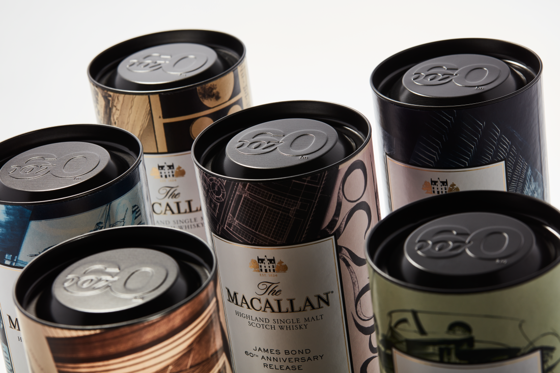 Six canisters for bottles of The Macallan single malt whisky Bond Collection