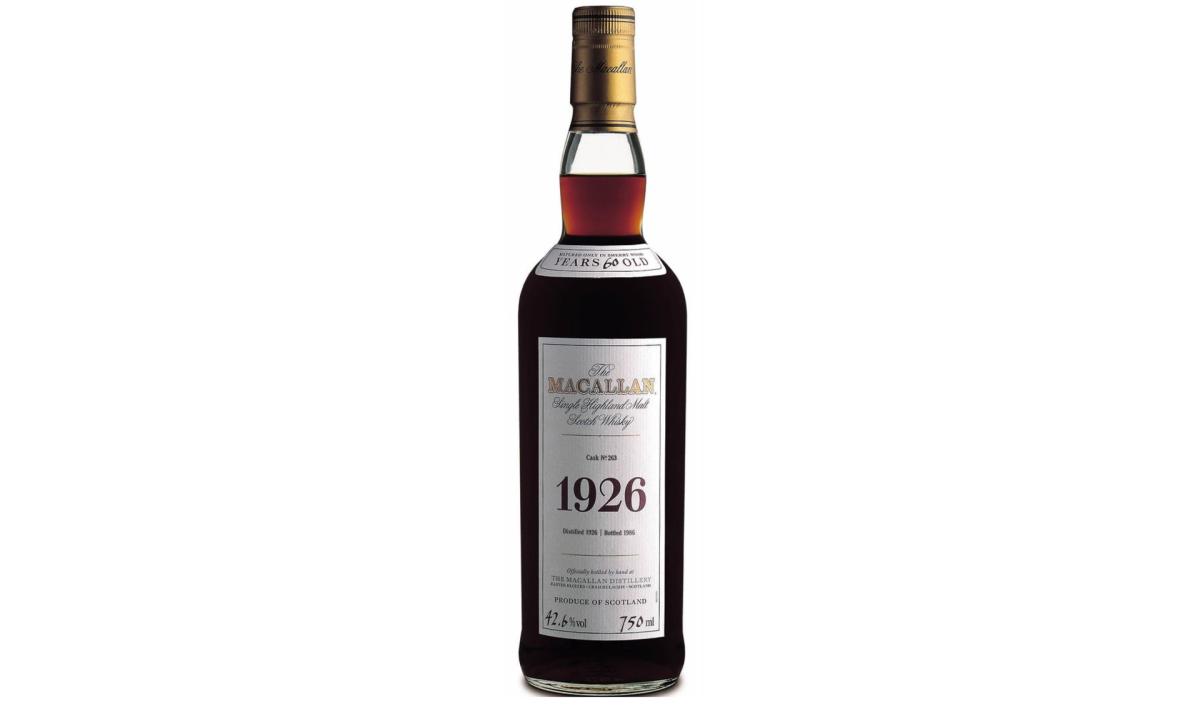 A bottle of The Macallan 1926 Fine and Rare against a white backdrop