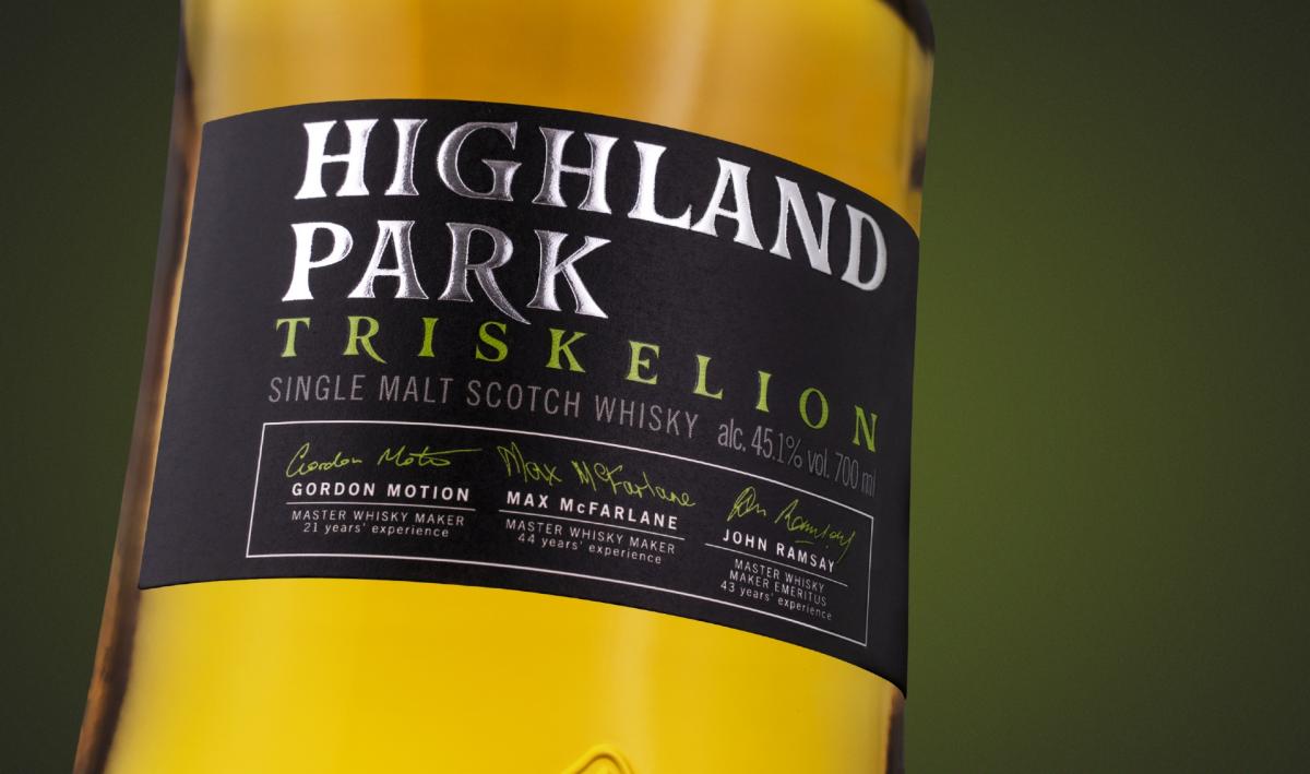 Close up of Highland Park Triskelion label 