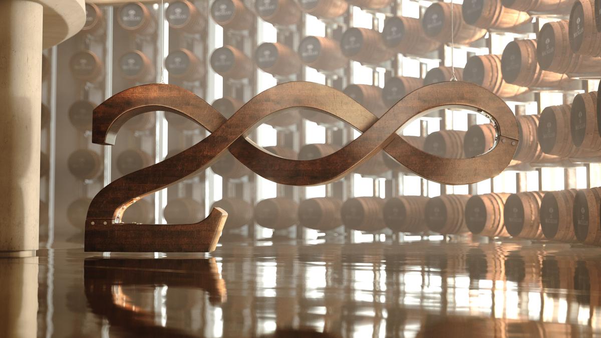 The number 200 in copper sitting in front of the casks at The Macallan distillery