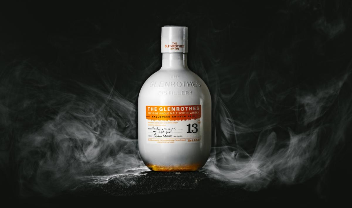 The Glenrothes 13YO bottle is pure white and against a black smoky backdrop