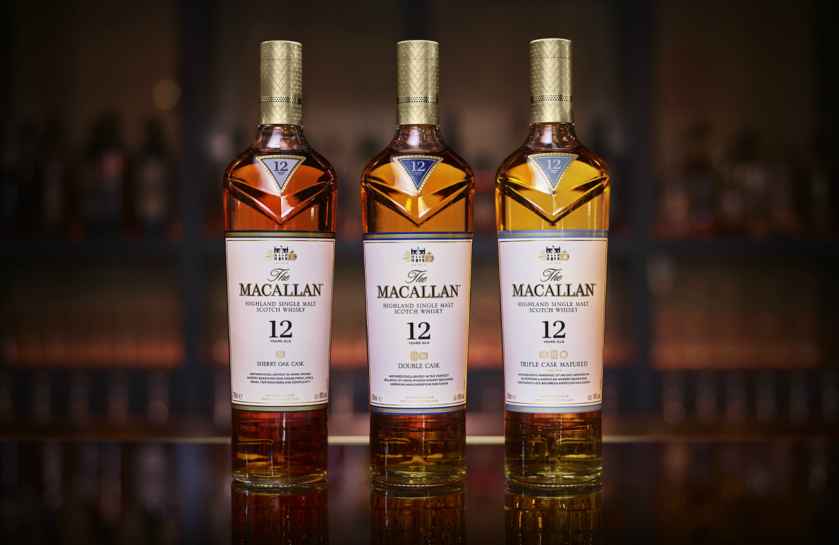 The Macallan 12 Year Old trilogy on top of a bar