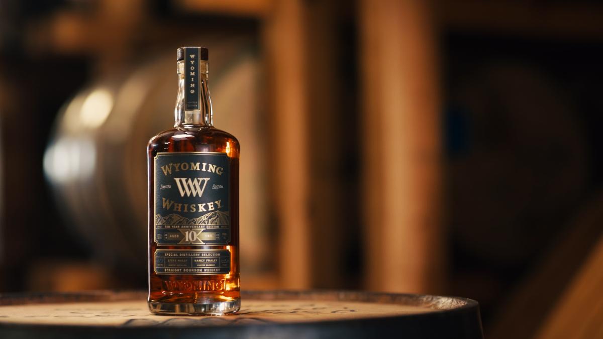 Bottle of Wyoming Whiskey 10 year old Anniversary Edition on a wooden shelf